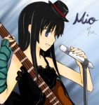  1girl akiyama_mio b_k bass_guitar black_hair don&#039;t_say_&quot;lazy&quot; don&#039;t_say_lazy hat instrument k-on! long_hair microphone 