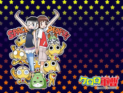  blue_eyes brown_eyes brown_hair cat copyright_name grey_hair hat hinohara_tomosu hood hoodie jacket kaneami_myou keroro keroro_gunsou looking_at_viewer official_art official_wallpaper one_eye_closed pantyhose shoes short_hair shorts simple_background skirt sleeveless socks star_(symbol) yoshizaki_mine 