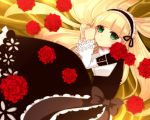  blonde_hair flower gosick green_eyes hairband lolita_fashion long_hair looking_at_viewer lying mya_(ma0ma0ma) red_rose rose solo victorica_de_blois victorique_de_broix 