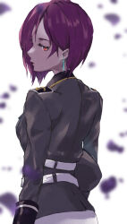  absurdres commentary_request earrings from_behind heaven_burns_red highres jewelry looking_at_viewer looking_back military_rank_insignia military_uniform no53_(pixiv_77486930) purple_hair red_eyes short_hair single_earring tezuka_saki upper_body 