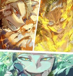  3boys akiyama_youkou all_for_one_(boku_no_hero_academia) bakugou_katsuki blonde_hair blue_eyes boku_no_hero_academia burning collage commentary explosion facial_mark forked_eyebrows fur_trim furrowed_brow glowing glowing_eyes grin hand_up happy hawks_(boku_no_hero_academia) highres looking_ahead looking_at_viewer male_focus multiple_boys no_pupils official_artist_extra open_mouth portrait profile red_eyes sanpaku serious short_hair sideways_mouth smile sparkle spiky_hair spoilers tongue tongue_out triangle triangle_facial_mark tsurime upturned_eyes v-shaped_eyebrows white_hair wide-eyed yellow_eyes 