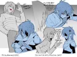  2others androgynous antenna_hair artist_name blue_theme bodysuit cape collared_shirt commentary_request cuirass delta_rune_(symbol) deltarune gauntlets greyscale hand_in_pocket korean_commentary kris_(dark_world)_(deltarune) kris_(deltarune) long_sleeves looking_at_another monochrome multiple_monochrome multiple_others open_mouth pants red_eyes savepoint010 shaded_face shirt shirt_under_sweater short_hair smile spot_color sweater teeth tongue tongue_out twitter_username upper_teeth_only utdr_(toby_fox) vessel_(deltarune) 