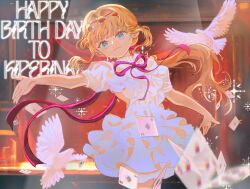  1girl absurdres ace_(playing_card) ace_of_clubs bird blonde_hair blue_eyes braid braided_bangs card character_name club_(shape) cowboy_shot curtains dove dress english_text floating_hair four_of_diamonds frilled_dress frills happy_birthday highres kiperina long_hair looking_at_viewer low_ponytail neck_ribbon outstretched_arms playing_card ponytail puffy_short_sleeves puffy_sleeves red_ribbon reverse:1999 ribbon short_dress short_sleeves sleeveless sleeveless_dress smile solo sparkle spotlight spread_arms stage_curtains syun_(ashenaurora) white_bird 