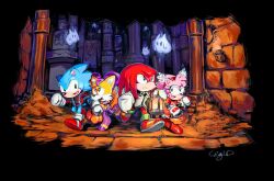  1girl 3boys :d amy_rose animal_ears animal_nose artist_name black_border black_eyes black_jacket blonde_hair blue_fur blue_hair boots border candy classic_amy classic_knuckles classic_sonic classic_tails commentary cosplay dress echidna_boy english_commentary fighting_vipers fire food fox_boy fox_ears fox_tail ghost gigi_d.g. gloves hairband halloween halloween_bucket hat hedgehog_boy hedgehog_girl highres holding honey_(fighting_vipers) honey_(fighting_vipers)_(cosplay) hyudoro jacket jacky_bryant jacky_bryant_(cosplay) knuckles_the_echidna lantern long_hair long_sleeves looking_at_another mittens multiple_boys multiple_tails nights_(character) nights_(character)_(cosplay) nights_into_dreams official_art open_mouth persona persona_1 pink_fur pink_hair red_boots red_dress red_fur red_hair red_hairband signature smile sonic_&amp;_knuckles sonic_(series) sonic_the_hedgehog sonic_the_hedgehog_(classic) tail tails_(sonic) toudou_naoya toudou_naoya_(cosplay) two_tails virtua_fighter walking white_gloves white_mittens yellow_fur 
