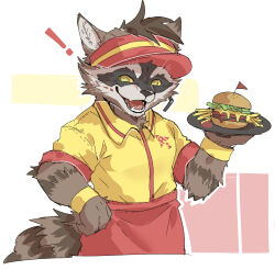  ! 1boy absurdres animal_ears burger commentary employee_uniform fangs fast_food_uniform food french_fries furry furry_male guardians_of_the_galaxy hand_on_own_hip hat highres holding holding_plate looking_at_viewer male_focus marvel open_mouth plate raccoon_boy raccoon_ears raccoon_tail red_hat rocket_raccoon sisijimakarashi solo tail untranslatable_commentary visor_cap white_background 