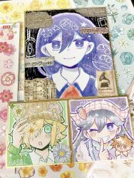  2boys 2girls alternate_eye_color basil_(birthday)_(omori) basil_(faraway)_(omori) basil_(omori) black_eyes black_hair blonde_hair blue_eyes bright_pupils brown_eyes brown_hair brown_hat cardigan character_name closed_mouth collared_shirt commentary_request double-parted_bangs dual_persona finger_to_mouth flower green_cardigan grin hair_behind_ear hair_between_eyes hat headscarf hero_(faraway)_(omori) hero_(omori) highres index_finger_raised kagami2525 looking_at_viewer mari_(birthday)_(omori) mari_(faraway)_(omori) mari_(headspace)_(omori) mari_(omori) multiple_boys multiple_girls musical_note musical_staff neckerchief newsboy_cap noose official_alternate_costume omori one_eye_closed purple_hair purple_sweater_vest red_neckerchief shirt short_hair sidelocks smile something_(omori) spoilers sweater_vest teeth traditional_media violet_eyes white_headscarf white_pupils white_shirt 