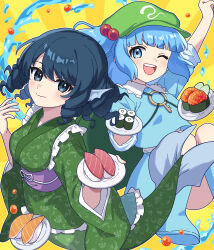  2girls absurdres blue_eyes blue_hair blue_shirt blue_skirt boots closed_mouth commentary cucumber cucumber_slice drill_hair drill_sidelocks fins food food_request frilled_kimono frills green_kimono hair_bobbles hair_ornament hat head_fins highres japanese_clothes jewelry kawashiro_nitori key key_necklace kimono long_sleeves looking_at_viewer merfolk mermaid miz_(mizillustration) monster_girl multiple_girls necklace obi obijime one_eye_closed open_mouth purple_sash roe rubber_boots sash shirt sidelocks skirt smile sushi touhou two_side_up wakasagihime water wide_sleeves 