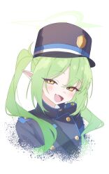  1girl :d armband blue_archive blue_armband buttons commentary double-breasted fang green_eyes green_hair green_halo halo hat highres long_hair looking_at_viewer nozomi_(blue_archive) open_mouth peaked_cap pointy_ears simple_background skin_fang smile solo takamalu08_12 twintails white_background yellow_eyes 