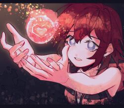  1girl bare_arms black_border blue_eyes border breasts dress earrings hair_between_eyes heart-shaped_gem highres hood hood_down hooded_dress jewelry kairi_(kingdom_hearts) kingdom_hearts kingdom_hearts_iii maplekeurig outstretched_arms parted_lips pink_dress pink_nails red_hair sleeveless sleeveless_dress small_breasts solo stud_earrings upper_body 