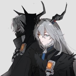  1boy 1girl black_cloak black_horns blue_eyes cloak closed_mouth commentary fur-trimmed_cloak fur_trim grey_background grey_hair hair_between_eyes heterochromia highres horns joyous_(zenless_zone_zero) khuesamoni long_hair scar scar_across_eyebrow scar_on_face simple_background sunbringer_(zenless_zone_zero) untranslatable_commentary yellow_eyes zenless_zone_zero 