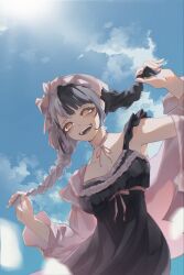  1girl black_hair black_nightgown blue_sky braid day grey_hair hat heart highres hololive hololive_english long_hair low_twin_braids mob_cap multicolored_hair nightgown official_alternate_costume official_alternate_hairstyle pink_ribbon ribbon shiori_novella shiori_novella_(pajamas) sky solo split-color_hair teeth tem_z0 twin_braids two-tone_hair upper_teeth_only virtual_youtuber 