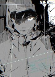  1boy aoi_(aoi68) closed_mouth commentary_request greyscale hood hood_up hooded_jacket itadori_yuji jacket jujutsu_kaisen jujutsu_kaisen_modulo looking_at_viewer male_focus monochrome scar scar_on_face scar_on_mouth solo straight-on twitter_username upper_body watermark 