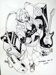  1girl amplifier artist_logo blush boombox clothes_writing column commentary dated dutch_angle electric_guitar english_commentary english_text from_above full_body guitar hands_in_pockets headphones headphones_around_neck highres hood hood_down hoodie inktober instrument logo long_hair long_sleeves looking_to_the_side lower_teeth_only megaphone monochrome open_mouth original paper_background pen_(medium) photo_(medium) pillar poch4n shoes sneakers socks solo standing teeth thighs traditional_media twintails 