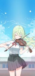  1girl absurdres black_skirt blush bow_(music) breast_pocket breasts chain-link_fence closed_eyes clouds cloudy_sky collared_shirt commentary_request cowboy_shot daltokki34 dress_shirt fence green_hair highres holding holding_bow_(music) holding_instrument holding_violin instrument korean_commentary long_hair medium_breasts musical_note neck_ribbon on_rooftop playing_instrument playing_violin pleated_skirt pocket red_ribbon ribbon school_uniform shirt skirt sky solo standing stellive swept_bangs violin white_shirt wind wind_lift yuzuha_riko 