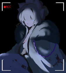  1girl artist_name blood blood_on_clothes blue_eyes bonnet brown_hair closed_mouth coat commentary dark_background fatui_coat fur-trimmed_coat fur_trim genshin_impact highres kitsunetenma looking_at_viewer picture_frame sandrone_(genshin_impact) short_hair_with_long_locks simple_background solo thigh-highs white_coat white_headdress white_thighhighs 