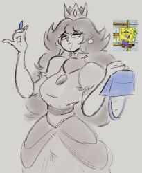  blue_lips breasts crown dress earrings hair_between_eyes half-closed_eyes highres huge_breasts jewelry light_blush light_smile long_hair looking_to_the_side princess princess_peach reference_inset sketch super_mario_bros. thick_thighs thighs very_long_hair white_dress wide_hips withinthevalley 