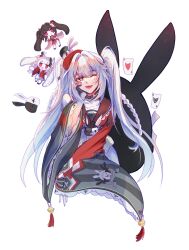  1girl absurdres animal_ears black_choker black_gloves black_hat black_sleeves braid character_doll chinese_commentary choker clothing_cutout collar commentary_request diamond_(shape) diamond_facial_mark doll facial_mark gloves grey_hair hair_intakes hand_on_own_cheek hand_on_own_face hat hat_ornament heart heart_facial_mark highres honkai:_star_rail honkai_(series) long_hair long_sleeves looking_at_viewer mark_under_both_eyes mini_hat one_eye_closed open_mouth pink_eyes rabbit_ears rabbit_hat_ornament red_collar red_sleeves shoulder_cutout sleeve_bell smile solo sparkle_(honkai:_star_rail) sparxie_(honkai:_star_rail) tangli twintails two-tone_sleeves white_background white_hair wide_sleeves 