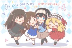  4girls :d ^_^ argyle_background black_cardigan black_hair black_pantyhose black_socks black_thighhighs blonde_hair blue_dress blue_eyes blue_shirt blush brown_hair brown_hairband brown_shoes brown_skirt cardigan chibi closed_eyes commentary_request dress grey_skirt hair_between_eyes hairband highres idolmaster idolmaster_cinderella_girls kneehighs layered_sleeves long_hair long_sleeves milestone_celebration mitarashi_neko multiple_girls one_eye_closed open_mouth pantyhose pleated_skirt puffy_short_sleeves puffy_sleeves red_dress red_shoes sagisawa_fumika sakurai_momoka shadow shibuya_rin shirt shoes short_over_long_sleeves short_sleeves skirt smile socks sparkle tachibana_arisu thigh-highs translation_request white_socks 