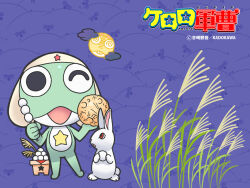  alien animal black_eyes colored_skin copyright_name dango food frog glasses green_skin hat keroro keroro_gunsou kururu_(keroro_gunsou) moon no_humans official_art official_wallpaper one_eye_closed purple_background rabbit red_eyes simple_background star_(symbol) wagashi yoshizaki_mine 