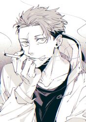 1boy aoi_(aoi68) cigarette collarbone commentary_request greyscale holding holding_cigarette hood hood_down hooded_jacket itadori_yuji jacket jujutsu_kaisen jujutsu_kaisen_modulo male_focus monochrome scar scar_on_face scar_on_forehead scar_on_mouth shirt short_hair smoking solo twitter_username upper_body 