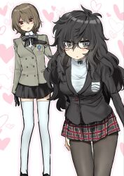  2girls 50_gozyu akechi_goro alternate_hairstyle amamiya_ren badge black_eyes black_gloves black_pantyhose black_skirt blazer blush blush_stickers brown_hair buttons checkered_clothes checkered_skirt commentary_request cowboy_shot genderswap genderswap_(mtf) glasses gloves hand_on_own_chest heart heart_background highres jacket long_hair looking_at_viewer multiple_girls pantyhose persona persona_5 red_eyes school_uniform shirt shoes short_hair shuujin_academy_school_uniform skirt thigh-highs white_shirt white_thighhighs zettai_ryouiki 