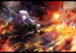  braid fireball gloves hair_ribbon letterboxed long_hair pixiv_fantasia pixiv_fantasia_5 purple_eyes purple_hair ribbon single_braid solo violet_eyes yanagi_(plums) 