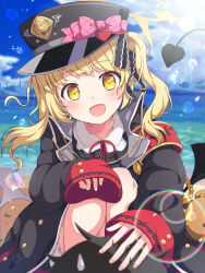  1boy 1girl :d animal_bag beach black_coat black_hat black_tail black_wings blonde_hair blue_archive blush bow coat collarbone collared_shirt commentary_request demon_girl demon_tail demon_wings halo hat hat_bow headpat highres ibuki_(blue_archive) mikoshi_(user_wvyd4348) neck_ribbon ocean open_mouth outdoors peaked_cap pink_bow red_ribbon ribbon sensei_(blue_archive) shirt side_ponytail sleeves_past_wrists smile solo_focus tail white_shirt wings yellow_eyes yellow_halo 