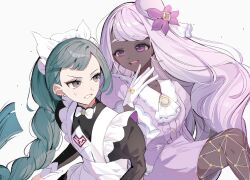  2girls apron ascot black_romper blunt_bangs blush bow bowtie braid braided_ponytail breasts brown_eyes commentary dark-skinned_female dark_skin dress fascinator fishnet_pantyhose fishnets frilled_ascot frills glove_bow gloves green_hair highres jacinthe_(pokemon) juliet_sleeves lebanne_(pokemon) long_braid long_hair long_sleeves low_drills maid maid_apron maid_headdress master_and_servant mega_stone multiple_girls nii_(marimo_416) open_mouth pantyhose pokemon pokemon_legends:_z-a puffy_sleeves purple_dress purple_hair romper simple_background smile sweatdrop teeth tsurime upper_teeth_only very_dark_skin violet_eyes white_bow white_bowtie white_gloves 