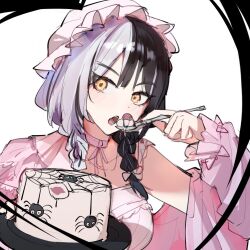  1girl black_hair braid cake carternanmen choker commentary food grey_hair hat holding holding_spoon hololive hololive_english long_hair looking_at_viewer low_twin_braids mob_cap multicolored_hair nightgown pink_choker pink_nightgown pink_ribbon ribbon shiori_novella shiori_novella_(pajamas) simple_background solo split-color_hair spoon twin_braids two-tone_hair untranslatable_commentary virtual_youtuber white_background yellow_eyes 