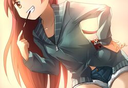  cutoffs denim denim_shorts grin hand_on_hip kouzu_shou leaning_forward long_hair mahou_shoujo_madoka_magica official_style pocky red_hair redhead sakura_kyouko shorts smile smysle solo 