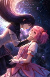  2girls akemi_homura akemi_homura_(magical_girl) artist_name asinjuasflora backlighting black_hair black_pantyhose black_shirt bow choker collared_shirt commentary dress english_commentary frilled_dress frilled_skirt frills gloves grin hand_on_another's_cheek hand_on_another's_face highres kaname_madoka kaname_madoka_(magical_girl) lips long_sleeves magical_girl mahou_shoujo_madoka_magica mahou_shoujo_madoka_magica_(anime) multiple_girls nebula neck_ribbon pantyhose parted_lips patreon_username pink_eyes pink_hair pleated_skirt puffy_short_sleeves puffy_sleeves purple_ribbon purple_skirt red_choker ribbon shirt short_sleeves skirt smile space star_(sky) vest violet_eyes web_address white_gloves white_vest yuri 