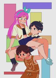  1girl 2boys andou_(sino_spkt) antenna_hair aubrey_(faraway)_(omori) aubrey_(omori) bandaid bandaid_on_knee bandaid_on_leg black_eyes black_hair black_socks black_sweater_vest blue_eyes blue_hairband blue_skirt blush bright_pupils brown_hair brown_shoes closed_mouth crop_top dark-skinned_male dark_skin denim denim_skirt double-parted_bangs expressionless hairband highres jacket kel_(faraway)_(omori) kel_(omori) long_hair looking_at_another multiple_boys navel omori open_clothes open_jacket open_mouth orange_shorts pink_hair shoes short-sleeved_jacket short_hair short_sleeves shorts sidelocks skirt sneakers socks sunny_(omori) sweater_vest white_jacket white_pupils 