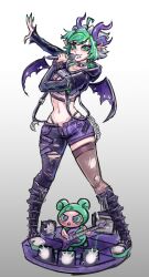  1girl apricot_the_lich apricot_the_lich_(goth) black_boots black_hoodie black_pants black_sleeves boots choker commentary cropped_hoodie demon_girl demon_horns demon_wings english_commentary exodamartworks fishnet_top fishnets full_body green_eyes green_hair green_nails grey_hair hair_ornament highleg highleg_panties highres hood hoodie horns microphone multicolored_hair multiple_horns panties pants pointy_ears purple_horns purple_shorts sharp_teeth shorts single_thighhigh spiked_choker spikes standing streaked_hair teeth thigh-highs torn_clothes torn_pants torn_thighhighs underwear virtual_youtuber vshojo white_background wings x_hair_ornament 