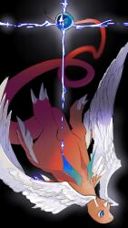  black_background blue_eyes blue_gem claws dragon dragonite feathered_wings flying full_body gem head_wings highres horns kashiwa_gnu leg_wings mega_dragonite mega_pokemon no_humans pokemon pokemon_(creature) pokemon_focus simple_background single_horn solo wings 