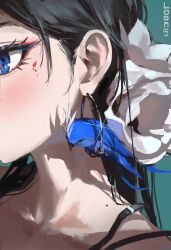  1girl absurdres animal_focus aqua_background artist_name bird black_hair blood blood_on_face blue_bird blue_eyes blush chinese_commentary collarbone commentary_request earrings flower hair_flower hair_ornament highres hoop_earrings jewelry long_hair looking_to_the_side loong_(loong_blo) making-of_available original simple_background solo white_flower 