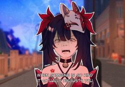  1girl bell bvbu comic_sans commentary criss-cross_halter disgust english_commentary fox_mask halterneck honkai:_star_rail honkai_(series) long_hair mask mask_on_head meme neck_bell outdoors outline solo sparkle_(honkai:_star_rail) tattoo teeth twitter_username upper_body when_someone_is_so_hateful_it_inspires_you_to_be_kinder_(meme) white_outline 
