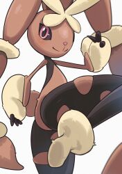  absurdres animal_ears black_fur black_sclera brown_fur closed_mouth colored_sclera commentary highres looking_at_viewer lopunny mega_lopunny mega_pokemon multicolored_fur pink_eyes pokemon pokemon_(creature) pokemon_focus rabbit_ears rabbit_tail simple_background solo tail uha white_background yellow_fur 