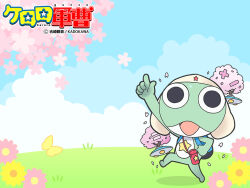  1boy alien bag blue_sky bottle bug butterfly cherry_blossoms copyright_name frog full_body hat keroro keroro_gunsou looking_at_viewer no_humans official_art official_wallpaper outdoors simple_background sky solo star_(symbol) ufo water_bottle yoshizaki_mine 