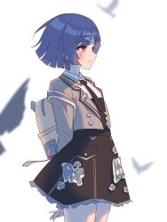  1girl absurdres arms_behind_back backpack bag bird black_necktie black_skirt blazer blue_hair highres idolmaster idolmaster_shiny_colors jacket jtangc morino_rinze multiple_hair_clips necktie print_skirt red_eyes short_hair skirt smile solo white_background 