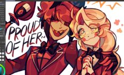 1boy 1girl :3 ;d ahoge alastor_(hazbin_hotel) animal_ears animal_nose antlers art_program_in_frame artist_name black-framed_eyewear black_bow black_bowtie black_hair black_nails blonde_hair bob_cut bow bowtie breasts charlie_morningstar circle_facial_mark clip_studio_paint closed_mouth colored_sclera colored_skin colored_tips commentary cross curtained_hair deer_antlers deer_boy deer_ears english_commentary english_text eyes_visible_through_hair eyeshadow facial_mark flower forehead-to-forehead hair_between_eyes hand_on_another's_shoulder hands_up hazbin_hotel heads_together hellaverse hendithehen holding holding_staff horns interlocked_fingers inverted_bob jacket lapels layered_sleeves long_hair long_sleeves looking_at_another looking_up low-tied_long_hair makeup monocle multicolored_hair nail_polish notched_lapels one_eye_closed open_mouth orange_flower own_hands_clasped own_hands_together raised_inner_eyebrows red-tinted_eyewear red_eyes red_eyeshadow red_hair red_jacket red_sclera red_shirt round_eyewear sharp_teeth shirt short_hair sideways_glance simple_background small_breasts smile staff striped_clothes striped_jacket swept_bangs tearing_up teeth thick_eyelashes tinted_eyewear tongue traditional_bowtie turning_head turtleneck turtleneck_shirt two-tone_hair upper_body upper_teeth_only vertical-striped_clothes vertical-striped_jacket white_background white_eyes white_shirt white_skin wide-eyed yellow_sclera 