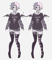  bandaid blood bridge_piercing chain collarbone colored_skin cross demon_wings face_piercing fangs fingerless_gloves full_moon glasses gloves grey_hair grey_skin heterochromia highres horns houndeater jewelry moon multicolored_hair necklace nosebleed original piercing pink_hair pointy_ears shirt split-color_hair standing t-shirt thigh-highs wings 