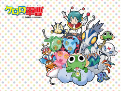  alien black_eyes blue_eyes character_request colored_skin copyright_name frog gloves green_skin grey_hair gun hat jacket keroro keroro_gunsou necktie official_art official_wallpaper running short_hair skirt star_(symbol) sweat weapon yellow_eyes yoshizaki_mine 