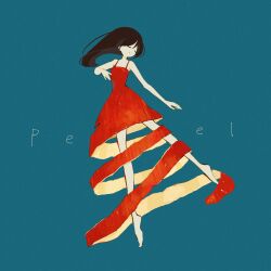  1girl apple_peel barefoot blue_background breasts brown_hair closed_eyes commentary dress english_text food-themed_clothes highres mitsubachi_(roundbee) original red_dress short_hair simple_background small_breasts smile solo spaghetti_strap standing standing_on_one_leg untranslatable_commentary 