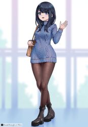  1girl artist_name bag black_boots black_hair blue_eyes blue_sweater boots brown_bag brown_pantyhose commentary_request dress full_body gridman_universe hand_up highres long_sleeves looking_at_viewer medium_hair open_mouth pantyhose riro_(breakthrough_rr) smile solo ssss.gridman standing sweater sweater_dress takarada_rikka twitter_x_logo waving 