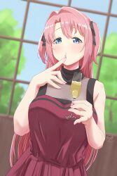  1girl absurdres black_ribbon blush champagne_flute commentary cup dated_commentary day dress drink drinking_glass finger_to_mouth hair_intakes hair_ribbon highres holding holding_drink indoors kamiina_botan kamiina_botan_yoeru_sugata_wa_yuri_no_hana long_hair looking_at_viewer mutsuki_(mutsuki0110) pink_hair red_dress ribbon solo tree two_side_up window 