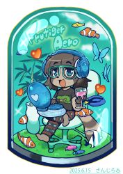  1girl :3 :d absurdres angelfish animal_ears aqua-framed_eyewear artist_self-insert blue_eyes brown_hair chair clownfish commentary_request computer cup dated deformed dog_ears dog_girl dog_tail english_text fish frutiger_aero furry furry_female glasses grass headphones highres holding holding_cup in_container laptop looking_at_viewer original plant potted_plant regal_blue_tang sanjiro_(tenshin_anman) simple_background sitting smile solo tail tropical_fish white_background 