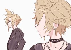  2boys ao_ringo_(yakirinngo_ha) black_coat black_jacket blonde_hair chain chain_necklace cloud_strife cloud_strife_(urban_wolf) coat dissidia_duellum_final_fantasy dissidia_final_fantasy earrings final_fantasy final_fantasy_vii final_fantasy_xv highres jacket jewelry looking_at_another male_focus multiple_boys necklace official_alternate_costume parted_lips print_shirt prompto_argentum prompto_argentum_(friendly_photographer) shirt short_hair single_earring spiky_hair studded_choker upper_body white_background 