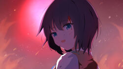  1girl absurdres aoi_erika black_hair blood blood_from_forehead blood_on_face blue_eyes grey_vest heaven_burns_red highres looking_at_viewer open_mouth shaketamago shirt short_hair upper_body vest white_shirt 