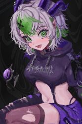  1girl absurdres apricot_the_lich apricot_the_lich_(goth) b_nosk101 black_background black_hoodie black_pants blush breasts collar cropped_hoodie demon_girl demon_horns demon_wings eyeshadow fangs green_eyes green_hair grey_hair hair_between_eyes hair_ornament highleg highleg_panties highres hood hoodie horn_piercing horns looking_at_viewer makeup medium_breasts mismatched_pants multicolored_hair multiple_horns open_mouth panties pants pointy_ears purple_eyeshadow purple_horns purple_shorts short_hair shorts sitting skin_fangs spiked_collar spikes streaked_hair thigh-highs thighs torn_clothes torn_pants torn_thighhighs underwear virtual_youtuber vshojo wings x_hair_ornament 