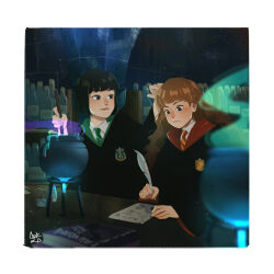  2girls :| adjusting_another's_hair arkka_s_(whitewolfgrace) artist_name black_eyes black_hair black_robe blunt_bangs blunt_ends blurry bob_cut book border bottle braid brown_hair bunsen_burner cauldron classroom closed_mouth collared_shirt colored_smoke commentary cooking depth_of_field desk diagonal-striped_clothes diagonal-striped_necktie dress_shirt english_commentary expressionless fire green_necktie green_robe gryffindor half_up_braid harry_potter_(series) hermione_granger highres hogwarts hogwarts_school_uniform holding holding_quill holding_spoon laboratory long_hair looking_at_another looking_at_object looking_down looking_to_the_side multiple_girls necktie no_pupils nose pansy_parkinson paper playing_with_another's_hair potion quill red_necktie red_robe retort_stand robe school_emblem school_uniform shirt short_hair side-by-side signature slytherin smoke spoon stirring stone_wall striped_clothes striped_necktie tripod_(laboratory) two-sided_fabric two-tone_necktie vial wavy_hair white_border white_necktie white_shirt wizarding_world wooden_spoon writing yellow_necktie 